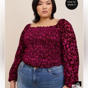 TORRID Smocked Burnout Velvet LongSleeve Top Wine Burgundy Maroon NWT 1/1x/14-16